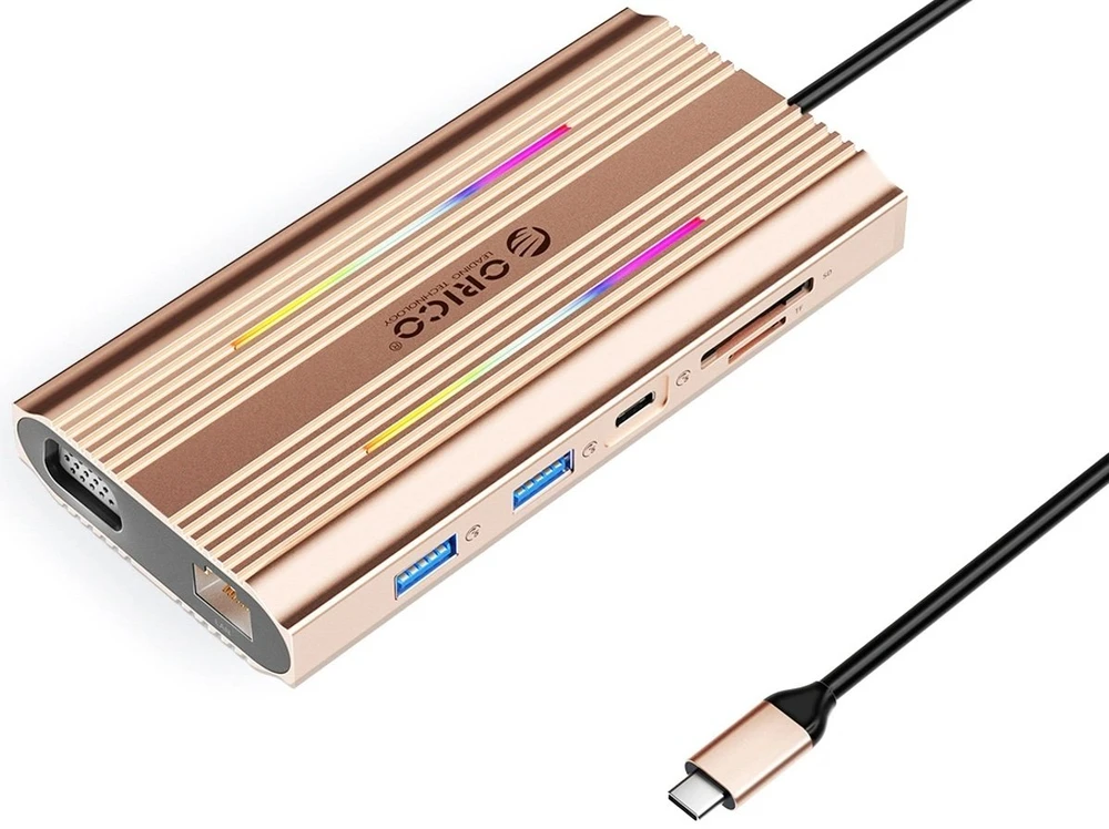 Orico USB-C 12w1 RGB | 3x USB-A | USB-C PD 100W | HDMI 4K | VGA | RJ45 Gigabit - rožinė-auksinė