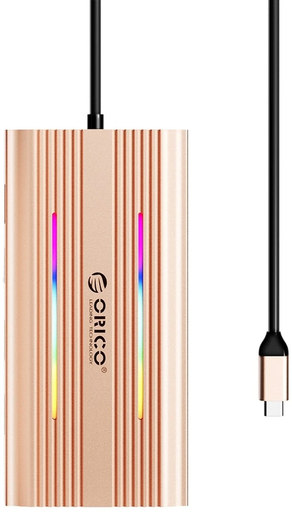Orico USB-C 12w1 RGB | 2xUSB-A | 1xUSB-C PD 100W | 2x HDMI 4K 60Hz | 1xVGA | 1xRJ45 Gigabit - rožinė-auksinė