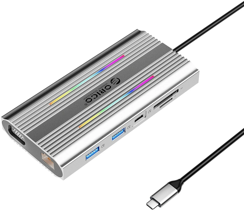 Orico XDR 12in1 RGB USB-C Docking Station USB-A USB-C PD 100W 2x HDMI 4K 60Hz VGA RJ45 Gigabit SD and Micro SD Card Reader - Gray