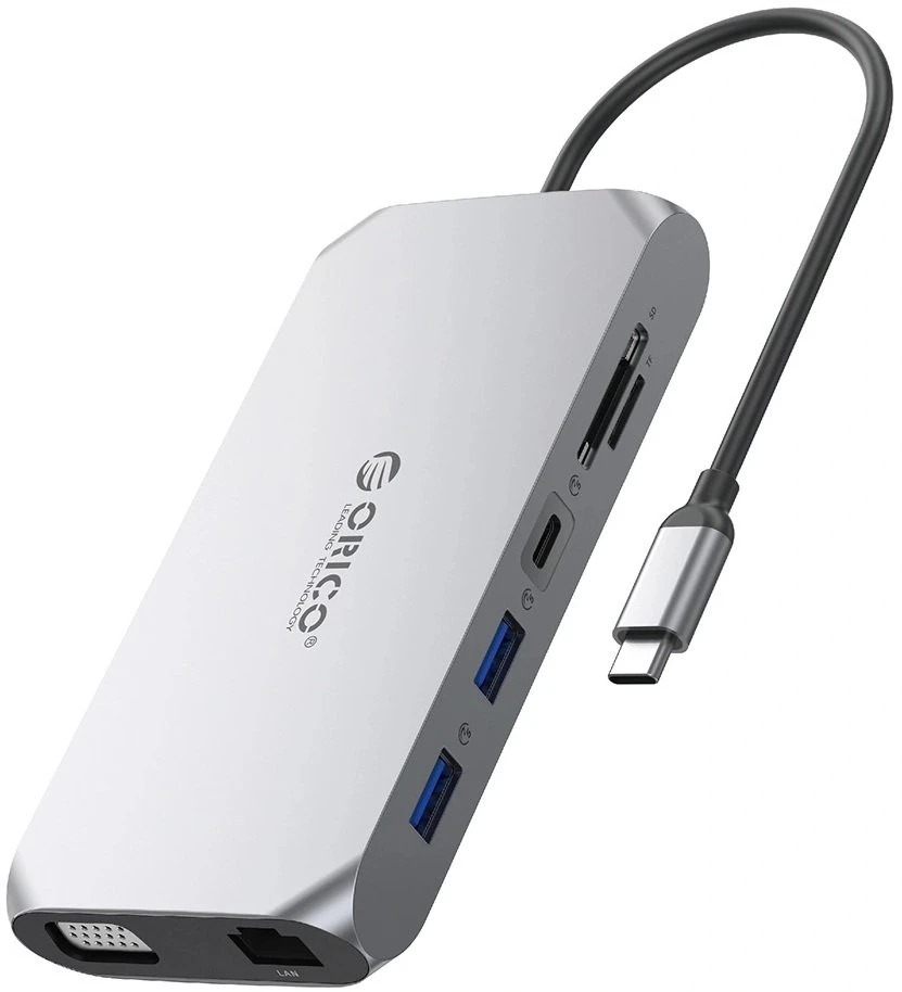 Orico XCR 12in1 USB-C Docking Station 2x USB-A 3.1 1x USB-A 2.0 1x USB-C PD 100W 1x USB-C 3.1 2x HDMI 2.0 4K 60 Hz 1x VGA 1080p 1x SD 3.0 1x Micro SD 3.0 1x RJ45 Gigabit Ethernet 1x audio CTIA 3.5 mm - Gray
