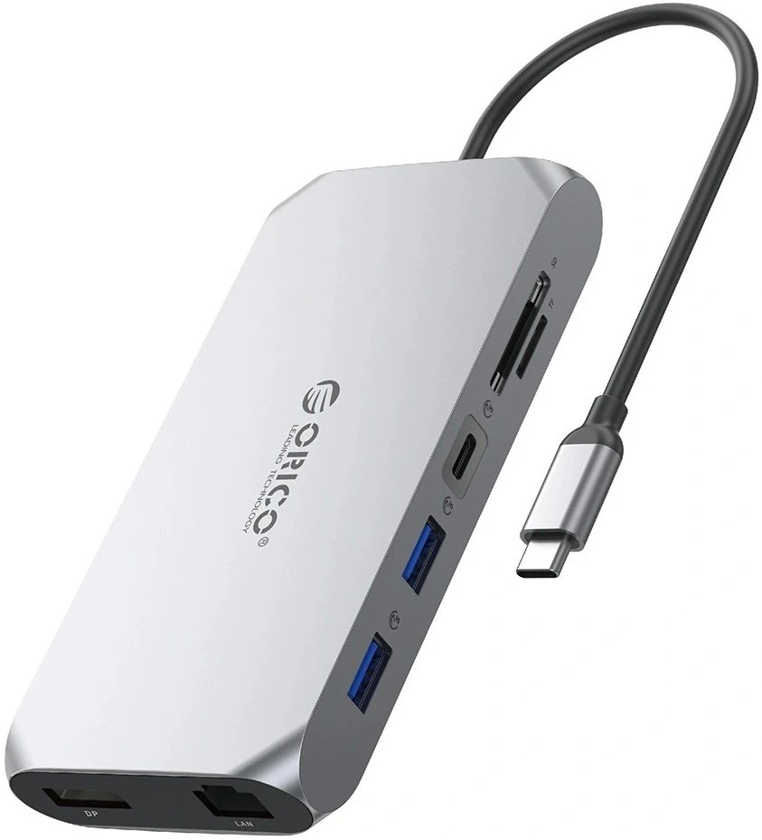 Orico XCR 12in1 USB-C Docking Station 2x USB-A 3.1 1x USB-A 2.0 1x USB-C PD 100W 1x USB-C 3.1 2x HDMI 2.0 4K 60Hz 1x DisplayPort 1.4 4K 60Hz 1x SD 3.0 1x Micro SD 3.0 1x RJ45 Gigabit Ethernet 1x audio CTIA 3.5mm - Gray