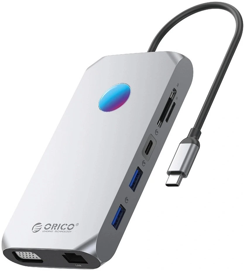 „Orico“ USB-C 12w1 RGB | 3x USB-A 3.1 | 1x USB-A 2.0 | USB-C PD 100W | 1x USB-C 3.1 | 1x HDMI 1.4 4K 30Hz | 1x VGA 1080p | 1x „Micro SD/SD 3.0“ | 1x RJ Gigabit | 1x Garso jungtis - pilka