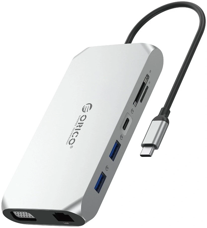 Orico XCR 12in1 USB-C Docking Station 3x USB-A 3.1 1x USB-A 2.0 1x USB-C PD 100 W 1x USB-C 3.1 1x HDMI 1.4 4K 30 Hz 1x VGA 1080p 1x SD 3.0 1x Micro SD 3.0 1x RJ45 Gigabit Ethernet 1x audio CTIA 3.5 mm - Sidabrinis