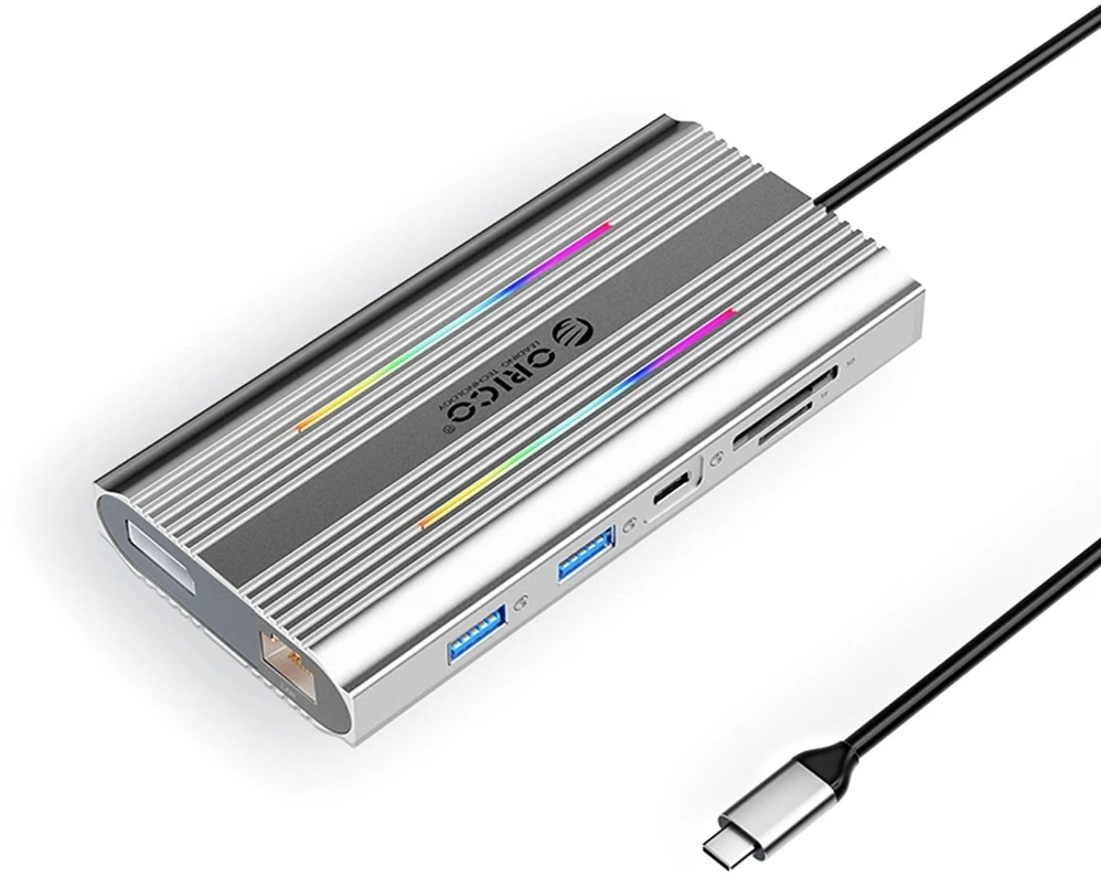 Orico USB-C 12w1 RGB | USB-A | USB-C PD 100W | 2x HDMI 4K 60 Hz | DisplayPort 4K 60 Hz | RJ45 Gigabit - sidabrinė