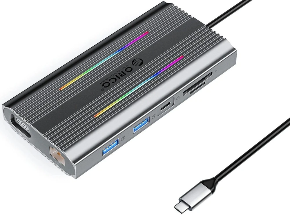 „Orico“ USB-C 12w1 RGB | 3x USB-A | USB-C PD 100W | HDMI 4K | VGA | RJ45 Gigabit - pilka