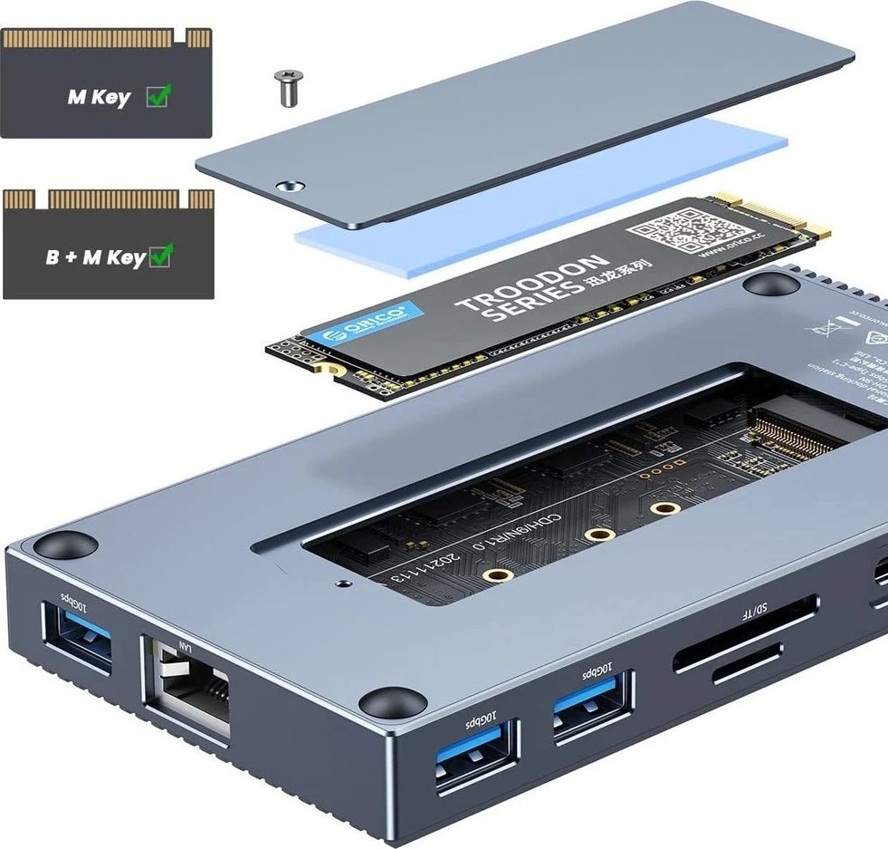 Orico prijungimo stotelė su M.2 NVMe korpusu, aktyviu PD 100W, HDMI 2.0, garso jungtimi, RJ-45, kortelių skaitytuvu