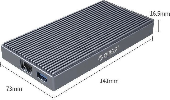 Orico prijungimo stotelė su M.2 NVMe korpusu, aktyviu PD 100W, HDMI 2.0, garso jungtimi, RJ-45, kortelių skaitytuvu