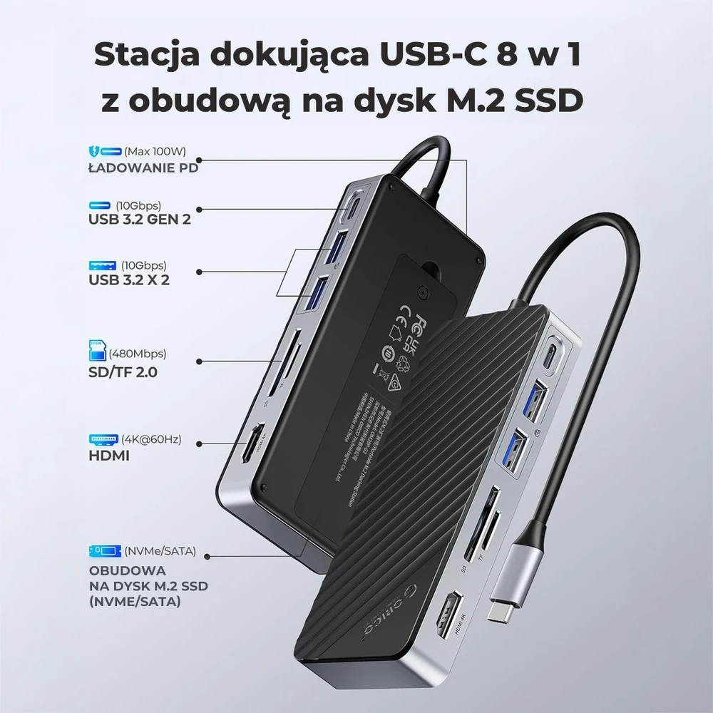 „Orico Doko“ stotelis USB-C su M.2 kietuoju disku, 10 Gbps, HDMI 4K 60Hz