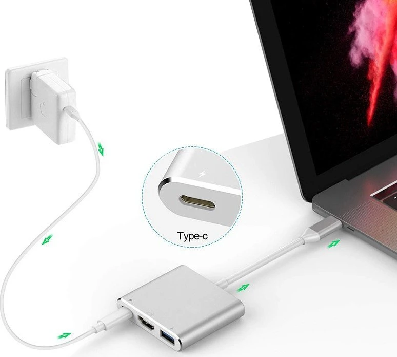 Przejściówka adapteris 3in1 USB-C 4K HDMI šakotuvas USB 3.0 -E379