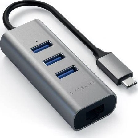 SATECHI Type-C 2-in-1 USB 3.0 aliuminio 3 prievadų šakotuvas ir Ethernet prievado erdvė pilka