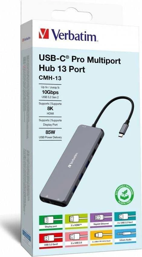 Verbatim Adapteris Hub USB-C – 2xHDMI/DP/ Eternet/6xUSB-A/Jack 3.5mm/2xUSB-C pilkos spalvos 32153