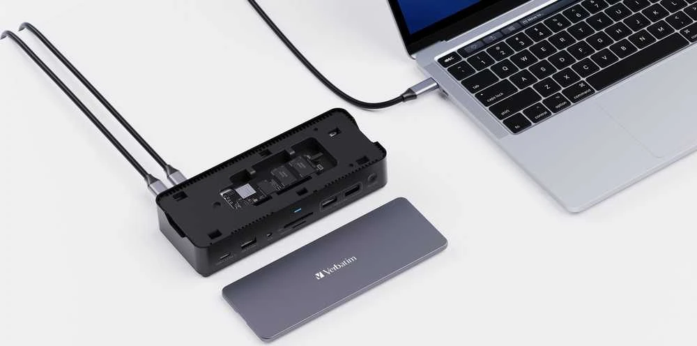 „Verbatim USB-C Pro 15w1“ 2x HDMI | 1x RJ45 | 3x USB-A | 3x USB-C | 1x SD | 1x Micro SD | 1x Audio | 1x DP | 1x SSD pilka