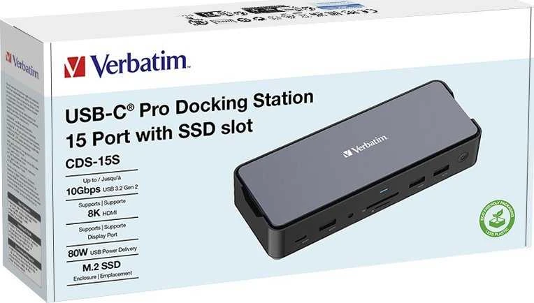 „Verbatim USB-C Pro 15w1“ 2x HDMI | 1x RJ45 | 3x USB-A | 3x USB-C | 1x SD | 1x Micro SD | 1x Audio | 1x DP | 1x SSD pilka