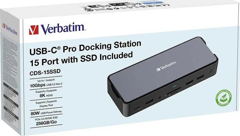 Verbatim USB-C Pro prijungimo stotelė CDS-15SSD, 15 prievadų: SSD, USB A/C, HDMI, DP, garso, SD+Micro SD, RJ45