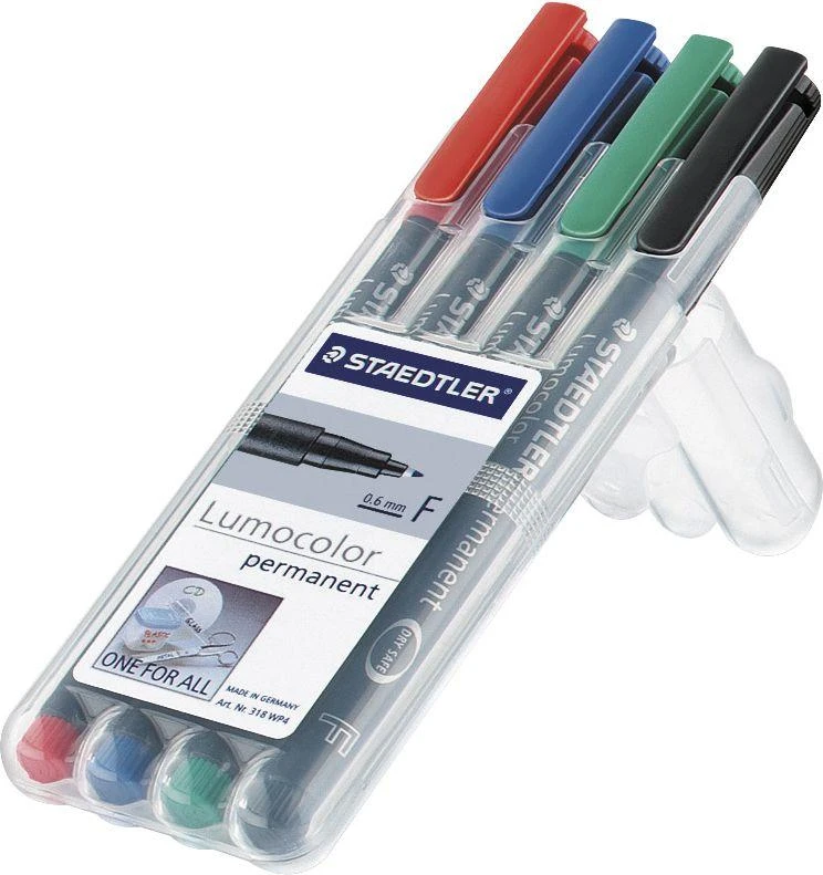 Universalūs rašikliai STAEDTLER Lumocolor® 318-WP4 permanentiniai, 0,6 mm, ploni - su 4 spalvų asortimentu
