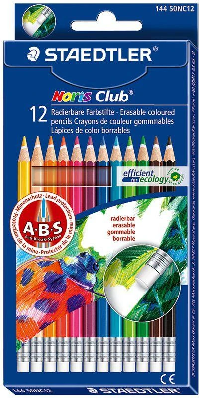 Spalvoti pieštukai, ištrinami, su trintuku STAEDTLER NORIS CLUB, 12 spalvų