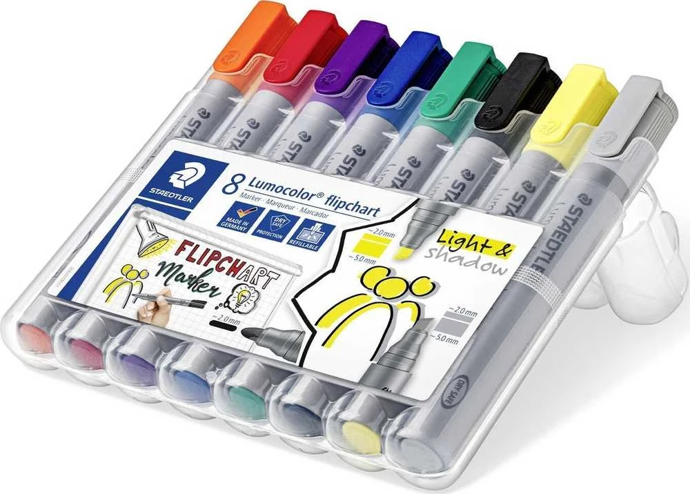 Staedtler Lumocolor Flipchart žymeklis 356/356B, dėklas 8 vnt., daugkartinio pildymo, saugus sausai, plaunamas, užblokuotas galiukas, - 1 vnt. (356 SWP8)