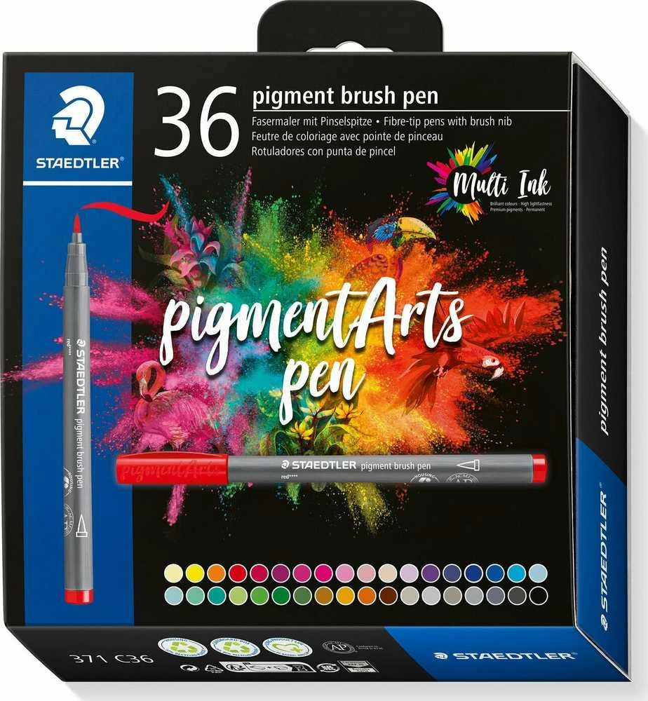 Staedtler Pigment Arts teptukinis rašiklis, 36 spalvos, daugiaspalvis, apvalus, plastikas, polipropilenas (PP), vandens pagrindo rašalas, suaugusiesiems ir vaikams