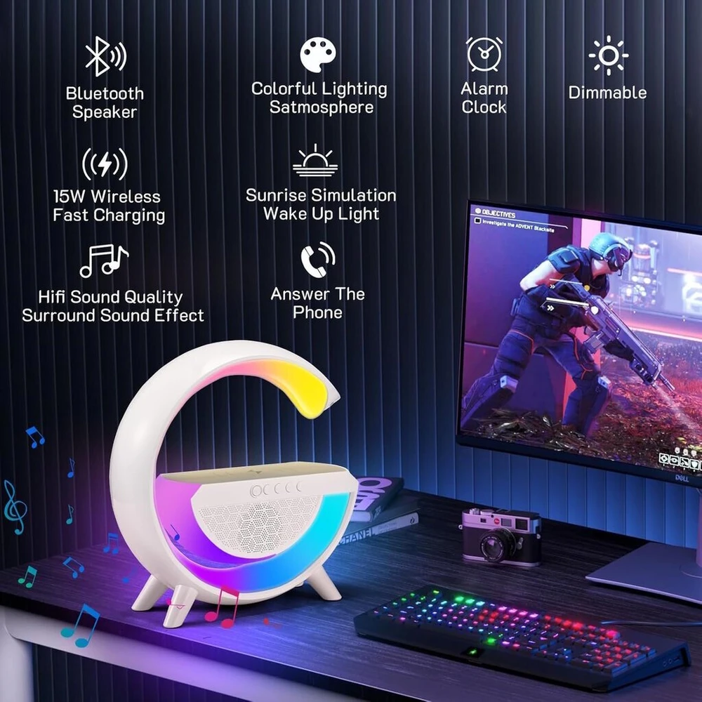 E-LIGHT Elight G formas skaļruņa lampa ar RGB LED apgaismojumu un bezvadu viedierīču uzlādes ierīci balts