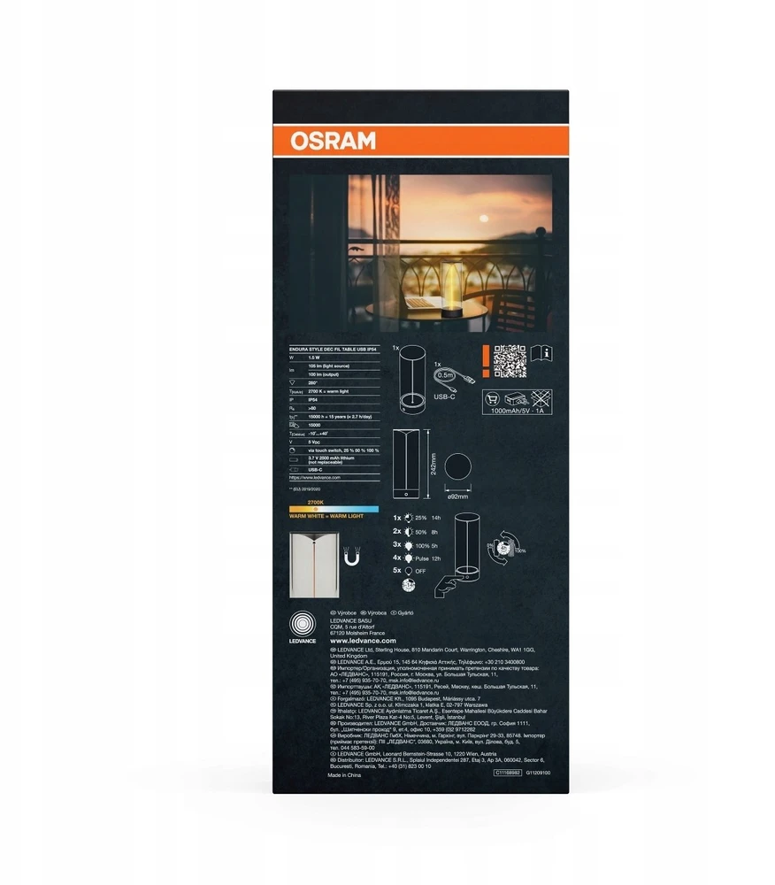 Osram 1,2W LED pastatomas lauko šviestuvas ENDURA STYLE USB, tamsiai pilkas, 2700K, dimeriuojamas, su baterija, IP54