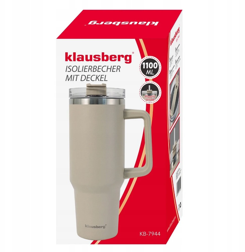 Puodelis Termosinis puodelis su šiaudeliu, smėlio spalvos, 1100 ml, nerūdijančio plieno, klausberg, kb-7944