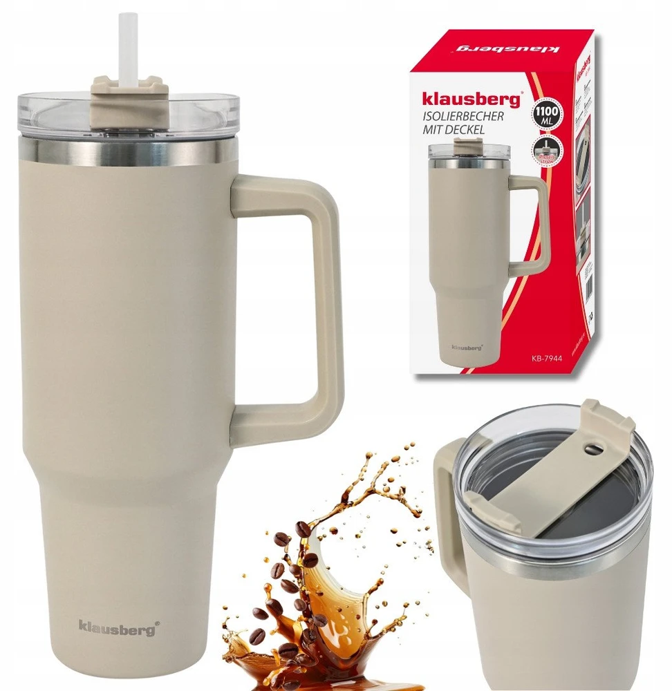 Puodelis Termosinis puodelis su šiaudeliu, smėlio spalvos, 1100 ml, nerūdijančio plieno, klausberg, kb-7944