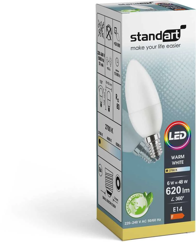 Standartinė LED lemputė B35 6W E14 620LM 2700K Matinis (6)