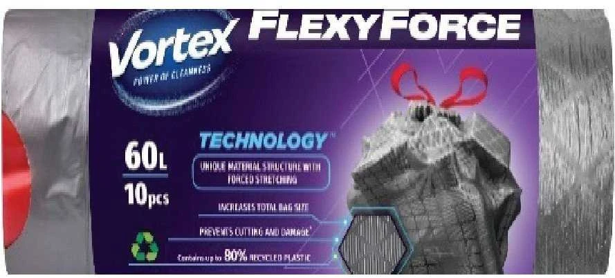 Šiukšlių maišai Vortex Flexy Force, 60 l, 10 vnt.