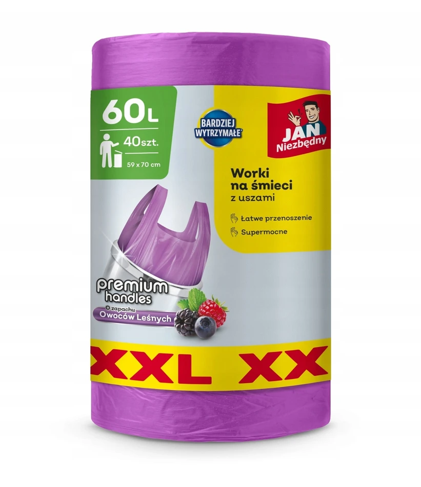 „Staples JAN NIEZBĘDNY“ HD šiukšlių maišai su rankenomis 60 l - miško uogų kvapo 40 vnt. (XXL)