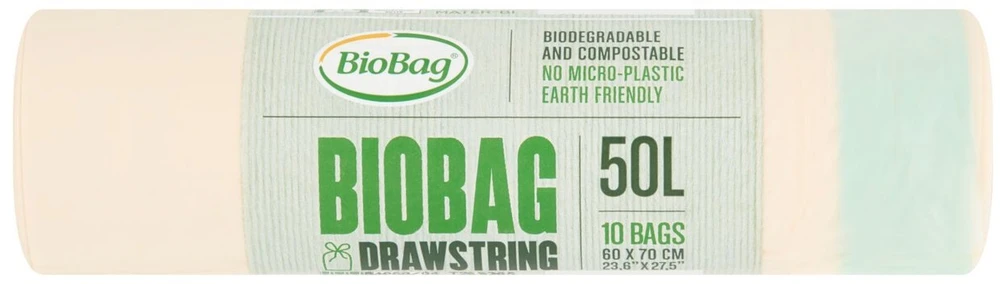 Drawstring compostable waste bags BioBag 50L (10 pieces per roll) 25 mkr. 60x70cm žalias