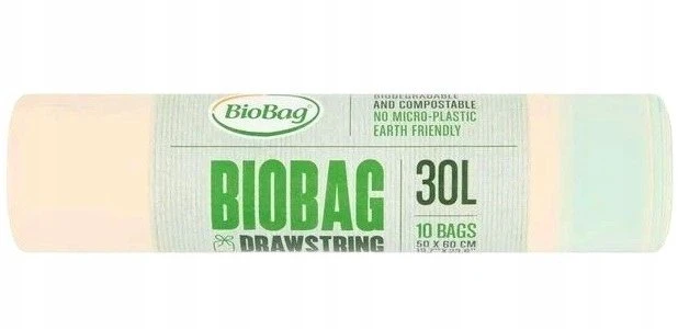 Drawstring compostable waste bags BioBag 30L (10 pieces per roll) 25 mkr. 50x60cm žalias