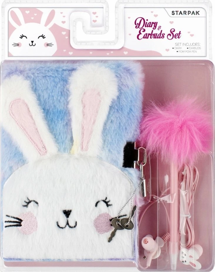 Pliušinis dienoraštis su užsegimu Rabbit pen ausinės STARPAK 526044