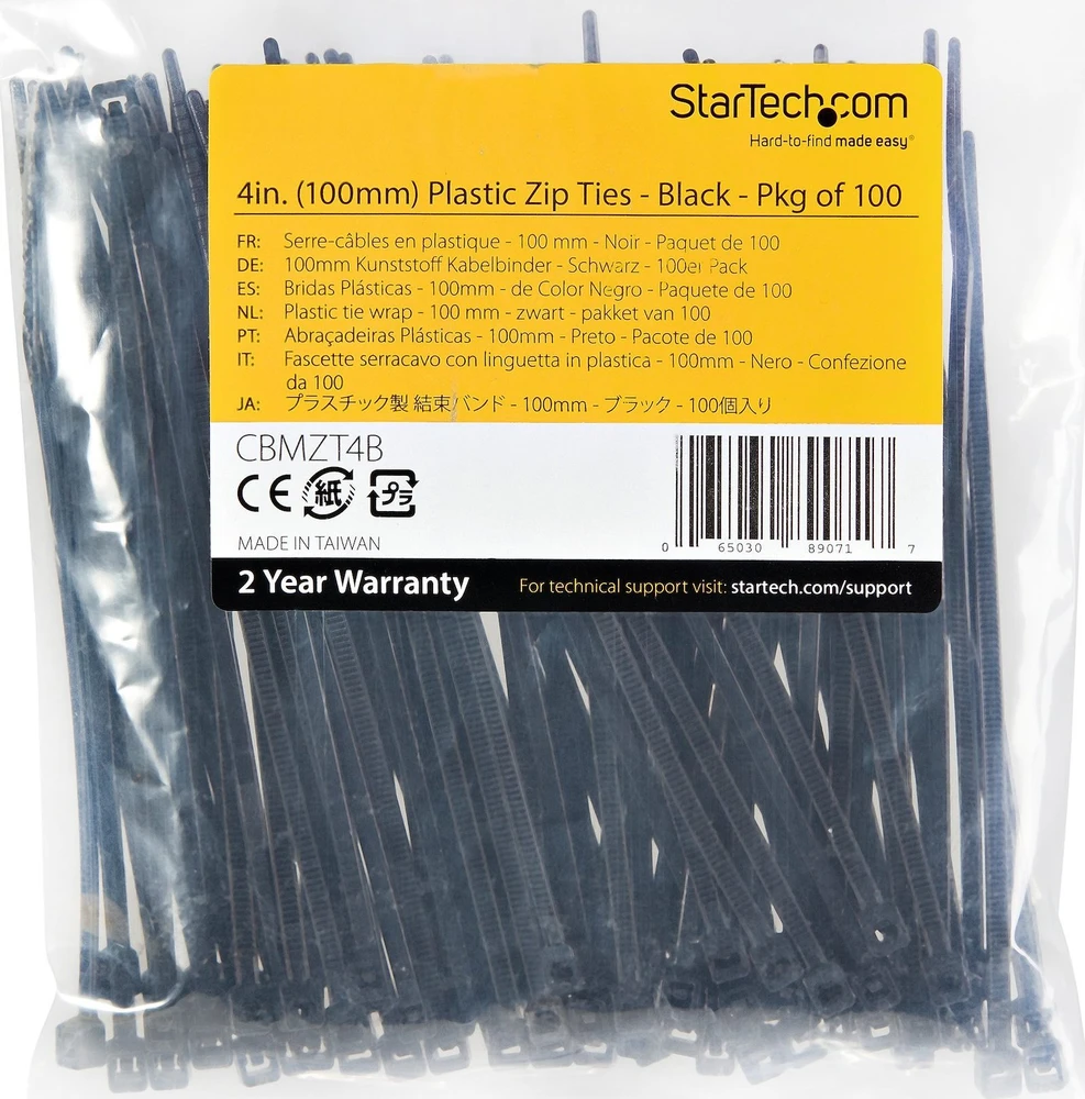 StarTech 100 PACK 4 CABLE TIES -Juodas/NYLON ZIP TIE WRAPS UL TAA