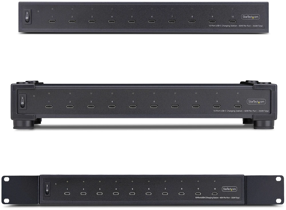 StarTech .COM 10 prievadų USB-C įkrovimo stotis 60 W vienam prievadui, 350 W bendra galia, daugiaportė USB C PD įkroviklio stotis nešiojamiesiems kompiuteriams, suderinama su TAA (10E-CHARGING-STATION)