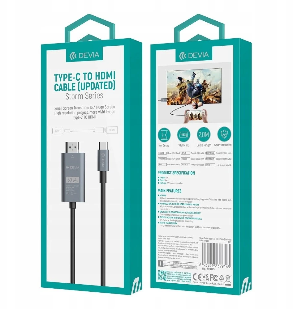 Devia kabelis Storm EC084 USB-C - HDMI 4K 60 Hz 2,0 m juodas