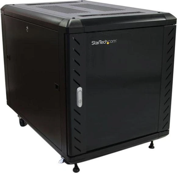 StarTech.com 4 stulpų 12U serverio stelažo spintelė, užrakinama 19 colių duomenų stelažo spintelė kompiuteriams / AV / IT įrangai, biuro / namų tinklo stelažas su ratukais ir reguliuojamais tvirtinimo bėgeliais, laisvai pastatoma stelažas, 12U, 800 kg, rakto spyna, ratukai, 43,5kg
