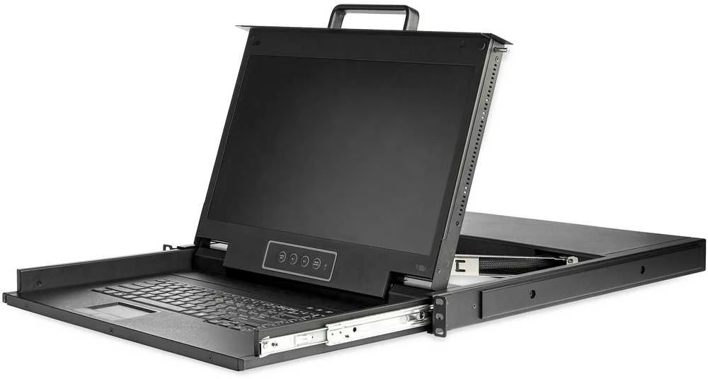 Konsolė KVM StarTech StarTech.com Rack KVM Konsole HD 1080p - US Tastatur(QWERTY), Ein Port VGA KVM mit 17" LCD Monitorius - 1HE LCD KVM Konsolenschublade mit Kabeln - USB Unterstutzung - 50.000 MTBF (RKCONS17HD) - KVM-Konsole mit KVM-Switch - 1 Anschlusse -