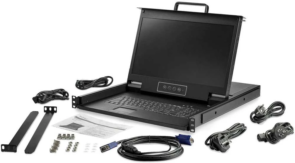 Konsolė KVM StarTech StarTech.com Rack KVM Konsole HD 1080p - US Tastatur(QWERTY), Ein Port VGA KVM mit 17" LCD Monitorius - 1HE LCD KVM Konsolenschublade mit Kabeln - USB Unterstutzung - 50.000 MTBF (RKCONS17HD) - KVM-Konsole mit KVM-Switch - 1 Anschlusse -