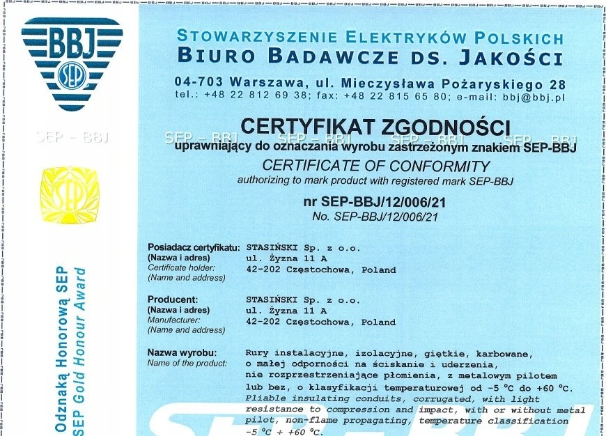 Gofruoto vamzdžio atitikties sertifikatas SEP-BBJ