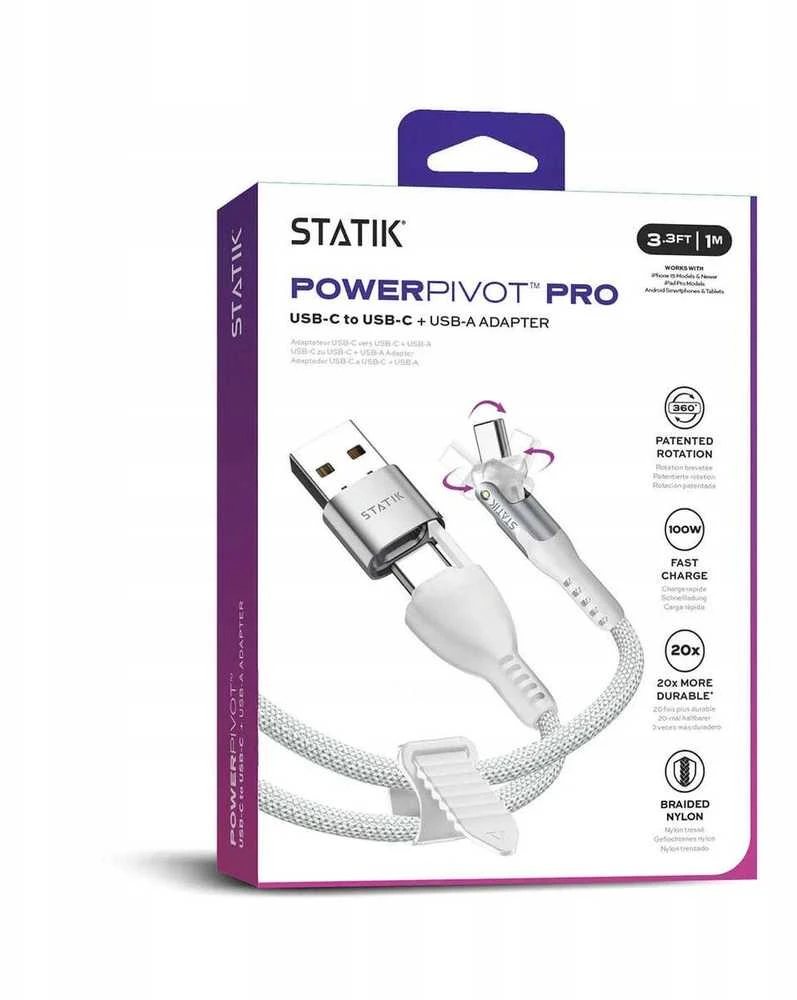 STATIK PowerPivot Pro nailono pintas kabelis, USB-C į USB-C, 1m, Baltas