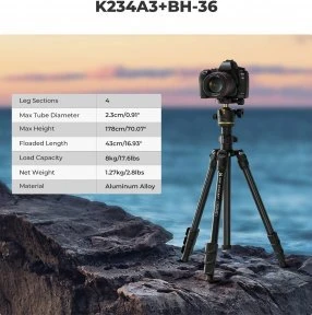 Stovas - K&F Concept K234A3 Aluminis 1.27 kg 55-178 cm BH-36 Kamuolinis Galvutė