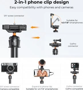 K&F Concept 2 in 1 asmenukių trikojis su telefono laikikliu