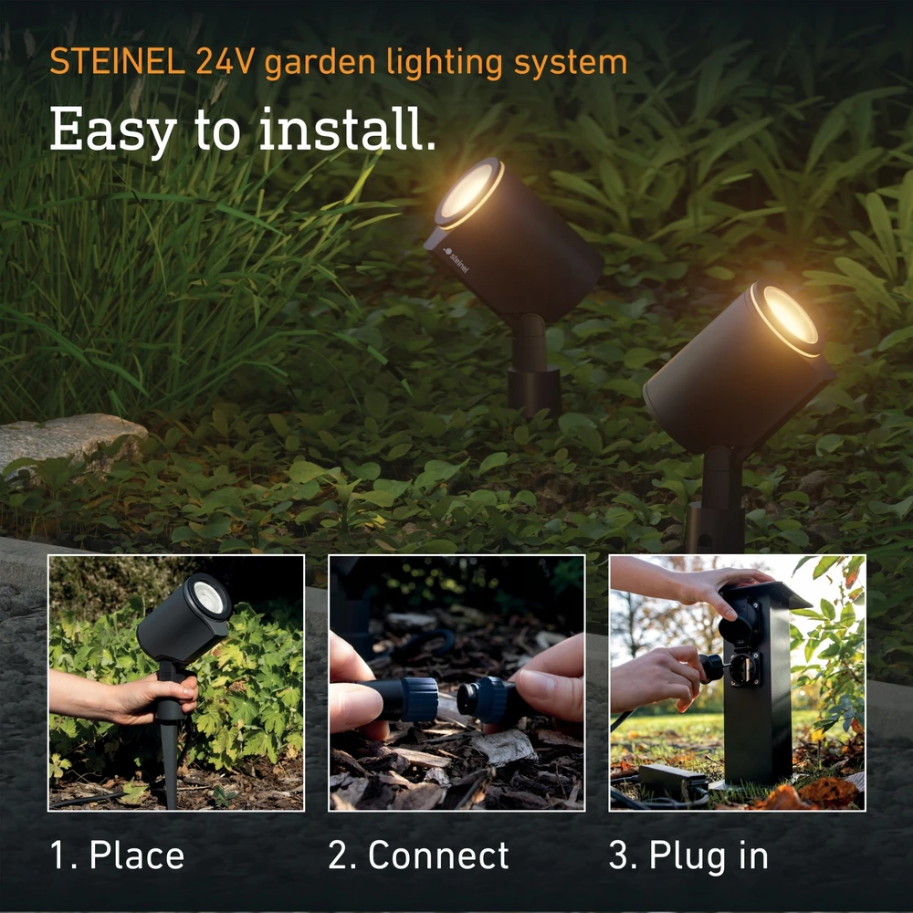 Steinel 2 x SPOT GARDEN 24V LED „Nightmatic“ sodo šviestuvų rinkinys, 7,84 W, 363 lm, 1800–4000 K, RGBWW, IP65, IK03, antracito / aliuminio, plius 35 W maitinimo šaltinis, laidas ir T formos jungtis.
