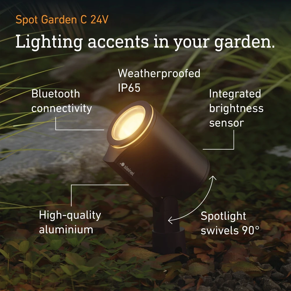 Steinel 2 x SPOT GARDEN 24V LED „Nightmatic“ sodo šviestuvų rinkinys, 7,84 W, 363 lm, 1800–4000 K, RGBWW, IP65, IK03, antracito / aliuminio, plius 35 W maitinimo šaltinis, laidas ir T formos jungtis.