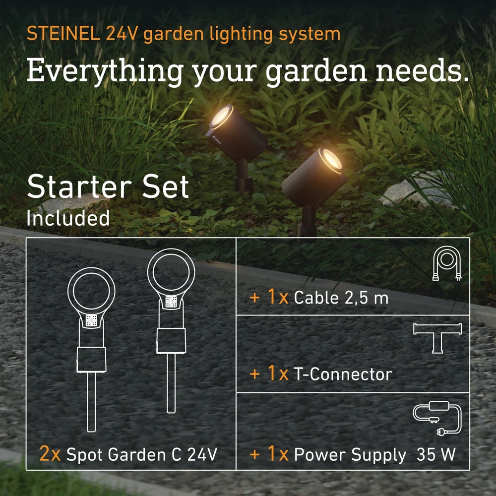 Steinel 2 x SPOT GARDEN 24V LED „Nightmatic“ sodo šviestuvų rinkinys, 7,84 W, 363 lm, 1800–4000 K, RGBWW, IP65, IK03, antracito / aliuminio, plius 35 W maitinimo šaltinis, laidas ir T formos jungtis.