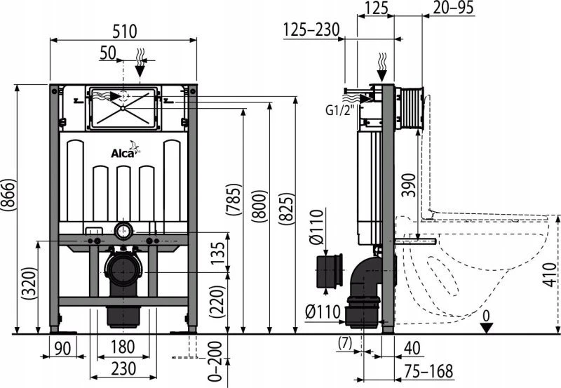 ALCADRAIN AM101/850 stovas / ALCA / STOVAS / SADROMODUL ŽEMAS 86CM - POTINKINĖ WC INSTALIACINĖ SISTEMA SAUSAI STATYBAI