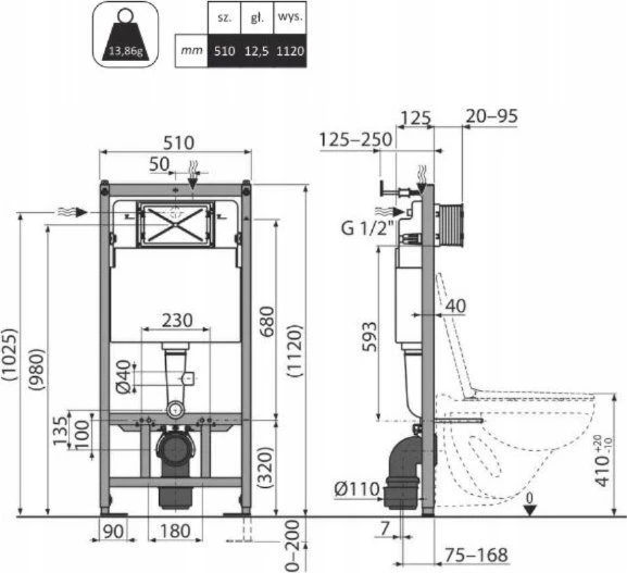 ALCADRAIN rėmas DLP.J.OPTIMA-1120/510 / JELLOW / OPTIMA / paslėptas WC rėmas/AM101/1120-GAM-01