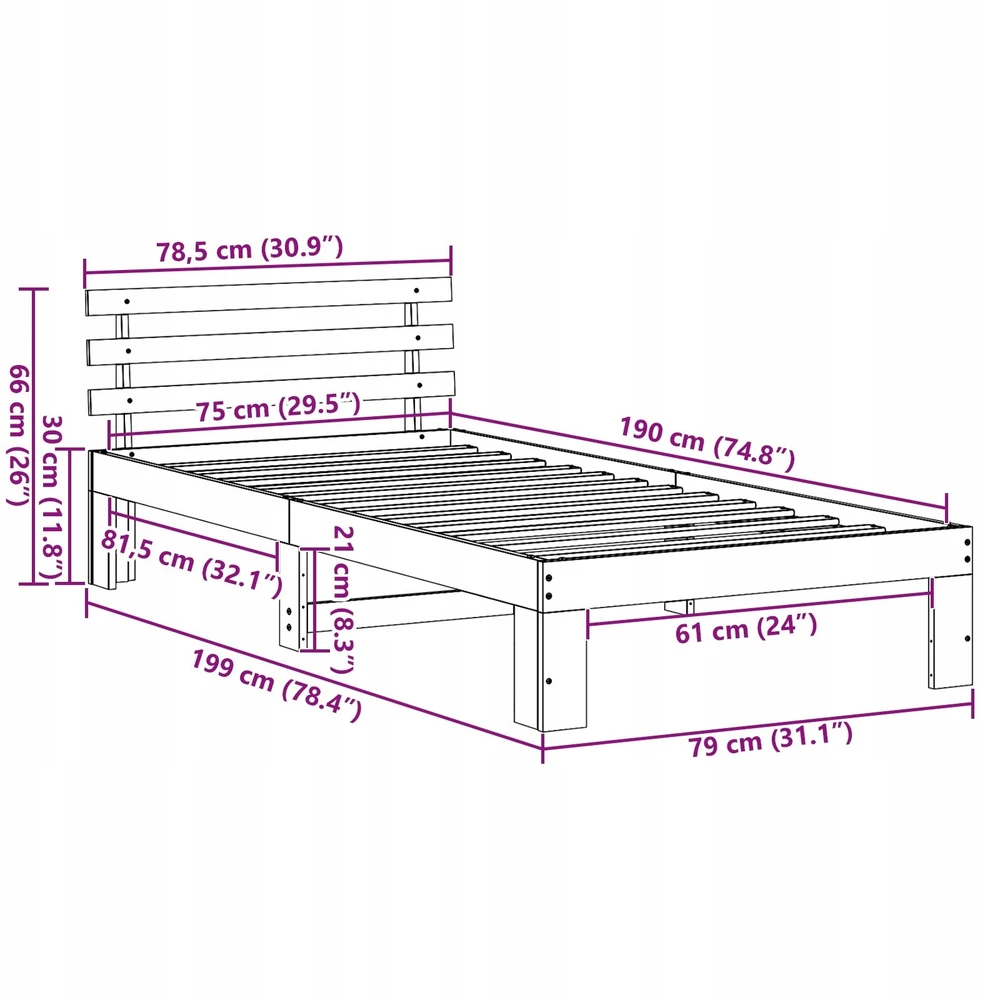 Lova Lovos rėmas Natūrali 75 x 190 cm Kietos pušies mediena