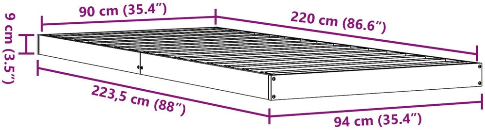Lova Grindų lovos rėmas Natūrali 90 x 220 cm Kietos pušies mediena
