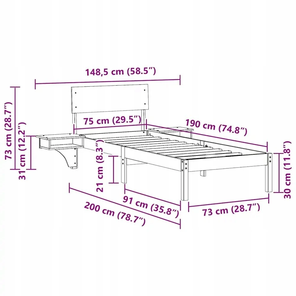 Lova Lovos rėmas Balta 75 x 190 cm Kietos pušies mediena